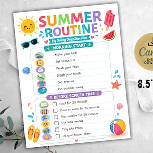 May include: A printable 8.5"x11" Summer Routine checklist featuring colorful icons of a sun, popsicle, watermelon, and beach ball. The document includes sections for Morning Start and Before Screen Time tasks with checkboxes for daily activities.