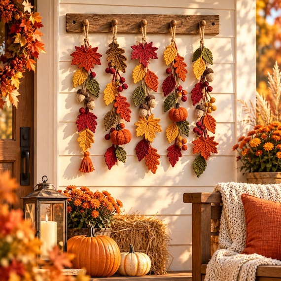 Fall Leaves Crochet Garland Pattern, Autumn Leaf Hanging Decor PDF, Crochet Pumpkin Acorn Garland, Thanksgiving Fall Decor Pattern
