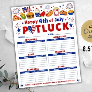 May include: A printable 21.6 cm by 27.9 cm 4th of July potluck sign-up sheet featuring red, white, and blue graphics of fireworks, food, and an American flag. The text reads Happy 4th of July POTLUCK with sections for appetizers, main dishes, sides, desserts, beverages, and other items.