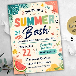 Summer Bash Invite Template, Printable Block Party Flyer, Schools Out Pool Party Evite, Barbeque Cookout Decor, Family Celebration, Canva