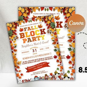 Puede incluir: Dos folletos de tamaño A4 para una Fall Block Party. Los folletos tienen un fondo blanco con hojas de otoño y el texto "Fall Block Party" en naranja y amarillo. Los detalles incluyen la fecha, la hora y el lugar.