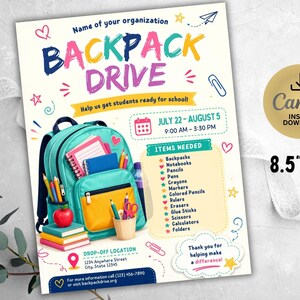 Könnte beinhalten: Ein Flyer für eine Rucksack-Spendenaktion im Format 21,6 cm x 27,9 cm. Der Flyer zeigt einen türkisfarbenen Rucksack, Schulmaterialien und Text, darunter Backpack Drive, die Daten, die Uhrzeiten sowie eine Liste der benötigten Gegenstände.