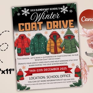 May include: An 8.5" x 11" flyer for a winter coat drive, featuring four illustrated coats in red, green, yellow, and green. The flyer includes the text "Winter Coat Drive" and details about donating gently used coats.