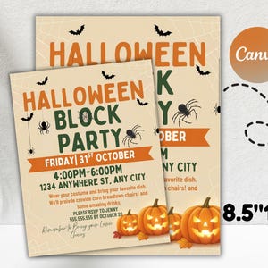 Könnte beinhalten: Zwei Halloween-Blockparty-Einladungen. Die Einladungen sind rechteckig mit orangefarbenem und grünem Text auf cremefarbenem Hintergrund. Das Design umfasst Fledermäuse, Spinnen und Kürbisse. Die Einladungen sind 21,59 cm x 27,94 cm groß.