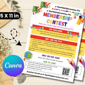 Könnte beinhalten: Zwei Flyer für einen Westfield Elementary PTO-Mitgliedschaftswettbewerb, jeweils 21,6 x 27,9 cm groß. Die Flyer enthalten farbigen Text und Grafiken, darunter der Text "MEMBERSHIP CONTEST". Das Canva-Logo ist sichtbar.