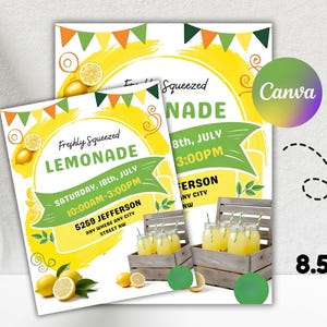 Könnte beinhalten: Zwei Plakate, die für einen Limonadenstand werben, mit dem Text "Freshly Squeezed Lemonade" und Veranstaltungsdetails. Das Design umfasst gelbe Pinselstriche, Zitronen und grüne und orangefarbene Wimpel. Die Plakate sind 21,6 x 27,9 cm groß.
