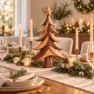 Könnte beinhalten: Eine dekorative Weihnachtsbaumskulptur aus Holz mit abwechselnden hellen und dunklen Holzmaserungsschichten, gekrönt von einem fünfzackigen Stern. Der Baum steht als Tischdekoration zwischen Kerzen und Tannengrün.