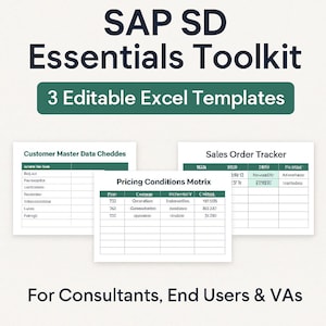 May include: An image showcasing an "SAP SD Essentials Toolkit" with three editable Excel templates. The templates include "Customer Master Data Cheddes", "Pricing Conditions Motrix", and "Sales Order Tracker". The text also reads "For Consultants, End Users & VAs".