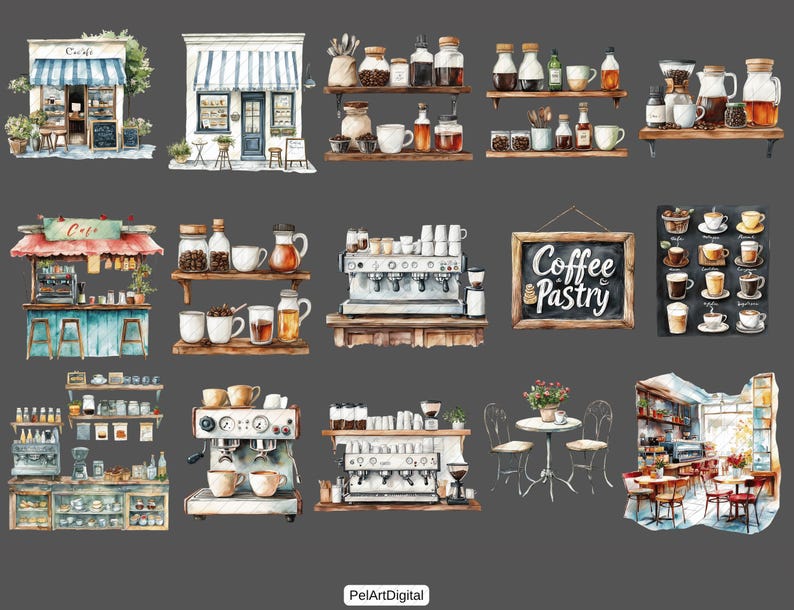 Watercolor Cafe Clipart Set: Cozy Coffee Shop PNG Graphics (digital ...