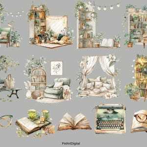 Op de afbeelding: Waterverfillustraties van gezellige leeshoeken en boekenkasten. De afbeelding toont verschillende sc&egrave;nes met fauteuils, boeken, planten en decoratieve elementen. Een typemachine, een bril en open boeken zijn ook inbegrepen, wat een literair thema cre&euml;ert.