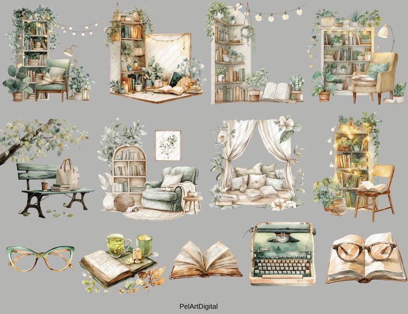 Op de afbeelding: Waterverfillustraties van gezellige leeshoeken en boekenkasten. De afbeelding toont verschillende sc&egrave;nes met fauteuils, boeken, planten en decoratieve elementen. Een typemachine, een bril en open boeken zijn ook inbegrepen, wat een literair thema cre&euml;ert.