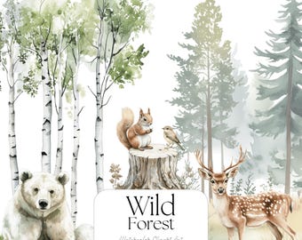 Ensemble de cliparts aquarelle animaux de la forêt : paysage PNG, scrapbooking (téléchargement numérique)