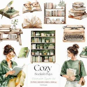 Op de afbeelding: Watercolor clipart set met een gezellig thema, met boeken, boekenplanken en een vintage typemachine. De set bevat illustraties van leesbrillen, een veerkwast en vrouwen met boeken. De tekst in de afbeelding luidt "Cozy Bookish Days".
