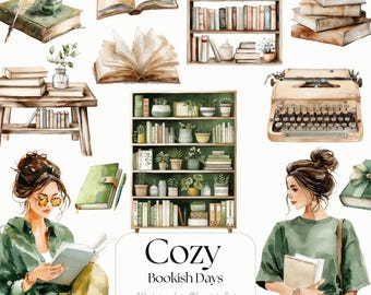Clipart-set aquarel boekenliefhebber: gezellig lezend meisje png (digitale download)