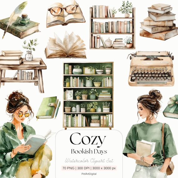 Watercolor Book Lover Clipart Set: Cozy Reading Girl PNG (Digital Download)