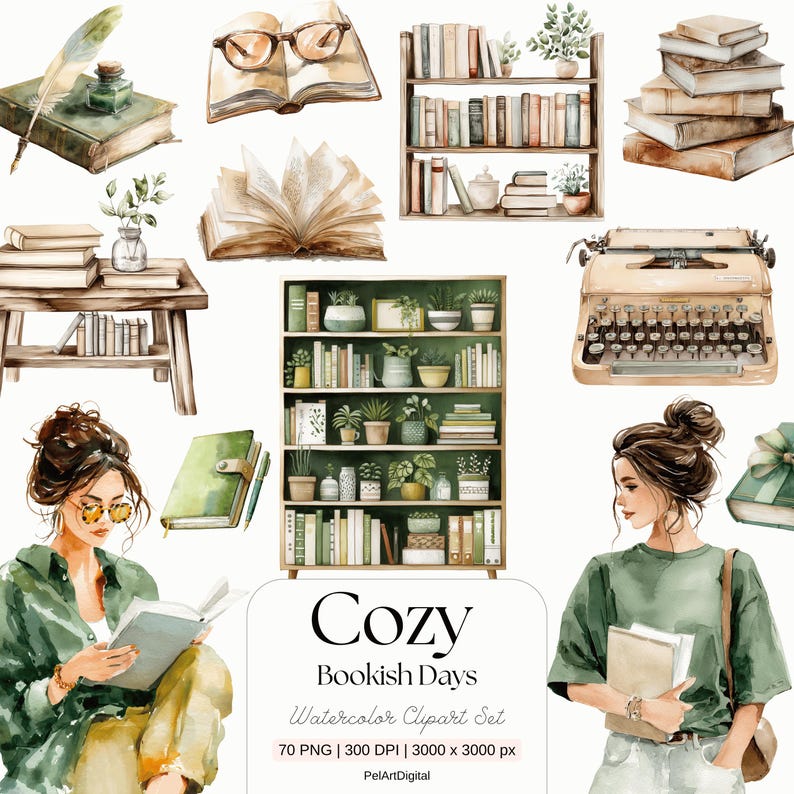 Op de afbeelding: Watercolor clipart set met een gezellig thema, met boeken, boekenplanken en een vintage typemachine. De set bevat illustraties van leesbrillen, een veerkwast en vrouwen met boeken. De tekst in de afbeelding luidt "Cozy Bookish Days".