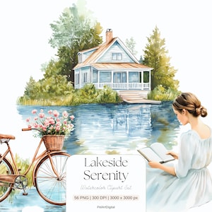 Watercolor Lake Clipart Set: Landscape Digital Art (Digital Download, 56 PNGs, 300 DPI)