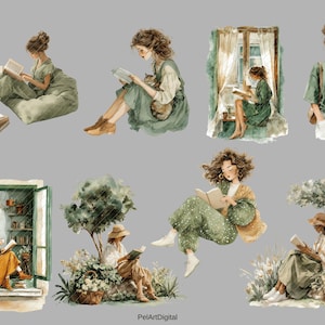 Op de afbeelding: Waterverfillustraties van vrouwen die boeken lezen in verschillende omgevingen. De afbeeldingen tonen vrouwen in jurken en vrijetijdskleding, sommigen met katten, lezend bij een raam, op een zitzak en buiten. Het kleurenpalet omvat groen, bruin en cr&egrave;me.