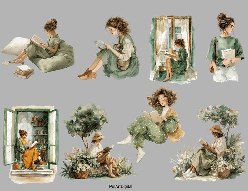 Op de afbeelding: Waterverfillustraties van vrouwen die boeken lezen in verschillende omgevingen. De afbeeldingen tonen vrouwen in jurken en vrijetijdskleding, sommigen met katten, lezend bij een raam, op een zitzak en buiten. Het kleurenpalet omvat groen, bruin en cr&egrave;me.