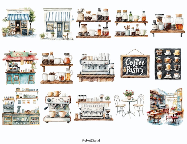 Watercolor Cafe Clipart Set: Cozy Coffee Shop PNG Graphics (digital ...