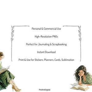 Op de afbeelding: Waterverfillustratie met twee vrouwen die boeken lezen. De tekst bevat "Persoonlijk & commercieel gebruik", "Hoge resolutie PNG's" en "Direct downloaden". E&eacute;n vrouw zit met een kat, de ander ligt.