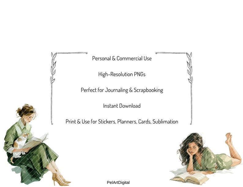 Op de afbeelding: Waterverfillustratie met twee vrouwen die boeken lezen. De tekst bevat "Persoonlijk & commercieel gebruik", "Hoge resolutie PNG's" en "Direct downloaden". E&eacute;n vrouw zit met een kat, de ander ligt.
