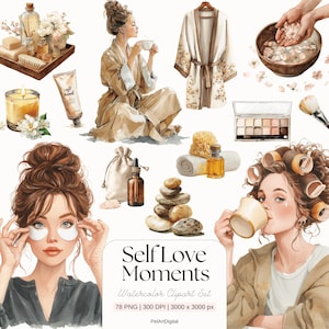 Watercolor Spa Clipart Set, Self Care Clipart, Wellness Bundle PNG, Self Care Stickers, Digital Art, Digital Download