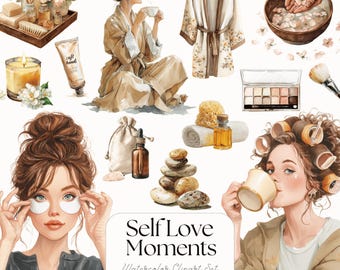 Aquarel spa clipartset: zelfzorg en wellness, png (digitale download)