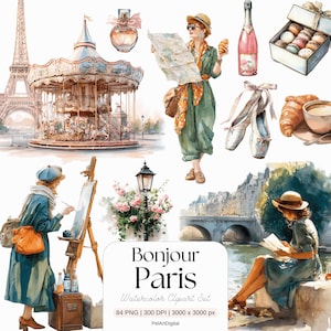 Watercolor Paris Clipart Set: Eiffel Tower, French Girl (Digital Download)