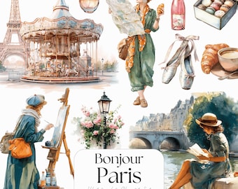 Watercolor Paris Clipart Set: Eiffel Tower, French Girl (Digital Download)