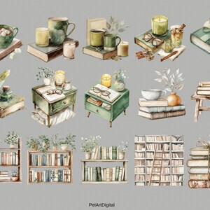 Op de afbeelding: Waterverfillustraties van gezellige leessc&egrave;nes. De afbeelding toont stapels boeken, boekenplanken, mokken thee, kaarsen en decoratieve elementen. Het kleurenpalet omvat groen, bruin en cr&egrave;me, wat een warme en uitnodigende sfeer cre&euml;ert.