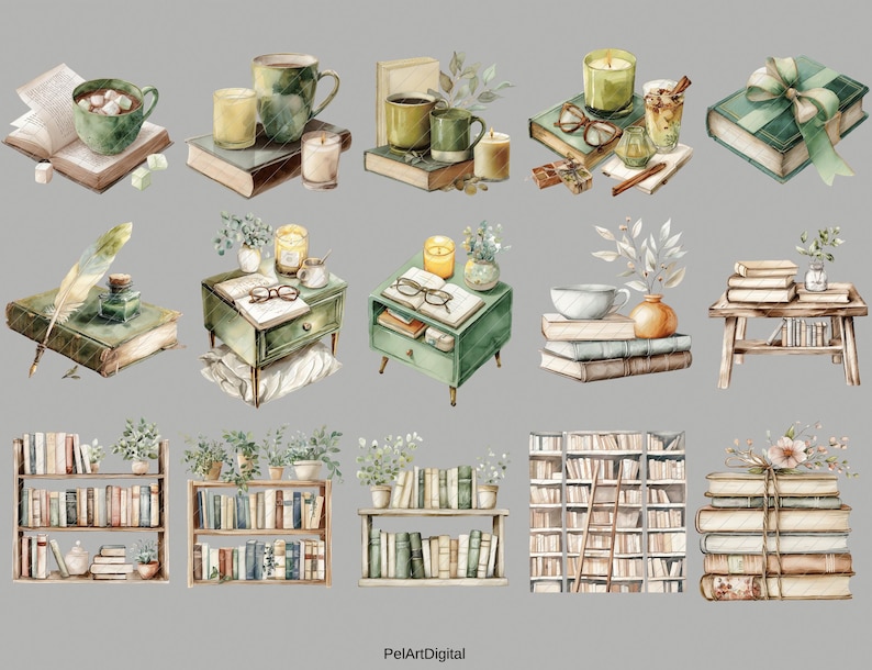 Op de afbeelding: Waterverfillustraties van gezellige leessc&egrave;nes. De afbeelding toont stapels boeken, boekenplanken, mokken thee, kaarsen en decoratieve elementen. Het kleurenpalet omvat groen, bruin en cr&egrave;me, wat een warme en uitnodigende sfeer cre&euml;ert.
