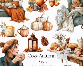 Aquarel herfst clipartset: gezellige herfst png-afbeeldingen (digitale download)