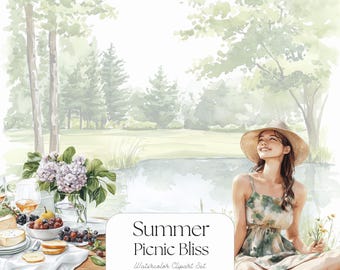 Watercolor Summer Picnic Clipart Set: Cozy Scene PNG (Digital Download)