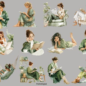 Op de afbeelding: Waterverfillustraties van vrouwen die boeken lezen in verschillende omgevingen. De afbeeldingen tonen vrouwen in groene en neutrale kleding, sommigen met een bril, lezend in fauteuils, hangmatten en op de grond. Het algemene thema is ontspanning en vrije tijd.