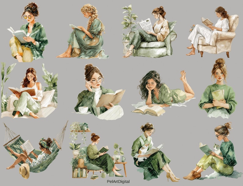 Op de afbeelding: Waterverfillustraties van vrouwen die boeken lezen in verschillende omgevingen. De afbeeldingen tonen vrouwen in groene en neutrale kleding, sommigen met een bril, lezend in fauteuils, hangmatten en op de grond. Het algemene thema is ontspanning en vrije tijd.