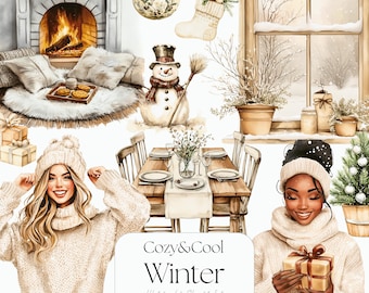 May include: Watercolor clipart set with a cozy winter theme. The image includes a fireplace, snowman, dining table, window, and two women. The text "Cozy & Cool Winter" is displayed. The set includes 42 PNG files at 300 DPI and 3000 x 3000 px.