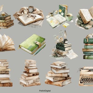 Op de afbeelding: Waterverfillustratie van verschillende stapels boeken, open boeken en een typemachine. De boeken zijn in tinten bruin, groen en beige. Sommige stapels hebben decoratieve elementen zoals bloemen, een kat en een kopje koffie. De afbeelding heeft een vintage, gezellige uitstraling.