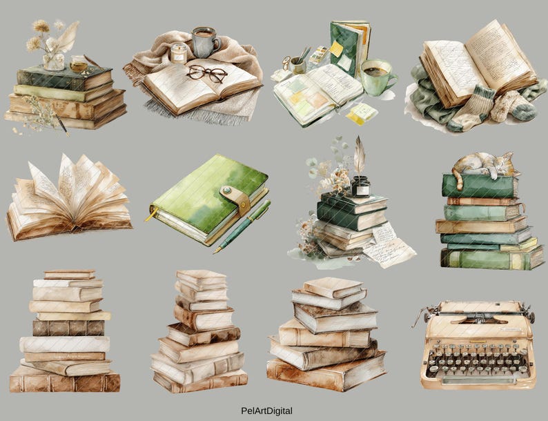Op de afbeelding: Waterverfillustratie van verschillende stapels boeken, open boeken en een typemachine. De boeken zijn in tinten bruin, groen en beige. Sommige stapels hebben decoratieve elementen zoals bloemen, een kat en een kopje koffie. De afbeelding heeft een vintage, gezellige uitstraling.