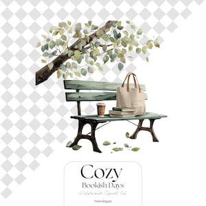 Op de afbeelding: Waterverfillustratie van een parkbank onder een tak. Een draagtas, boeken en een koffiekopje liggen op de bank. De afbeelding bevat de tekst "Cozy Bookish Days Watercolor Clipart Set."