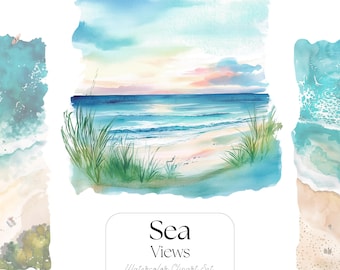 Watercolor Sea View Clipart Set: Ocean Beach PNG Graphics (Digital Download)