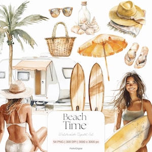 Watercolor Beach Day Clipart Set, Summer Clip Art, Summer Beach PNG, Vacation Sticker Set, Scrapbooking, Digital Download