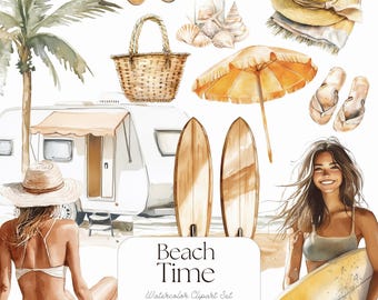 Watercolor Beach Day Clipart Set: Summer Vacation PNG Graphics (Digital Download