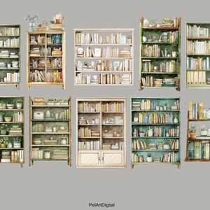 Op de afbeelding: Waterverfillustratie van acht boekenkasten gevuld met boeken, planten en decoratieve items. De boekenkasten vari&euml;ren in stijl, kleur en ontwerp, sommige met glazen deuren en andere met open schappen. De algehele esthetiek is vintage en gezellig.