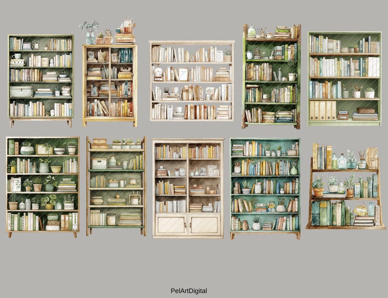 Op de afbeelding: Waterverfillustratie van acht boekenkasten gevuld met boeken, planten en decoratieve items. De boekenkasten vari&euml;ren in stijl, kleur en ontwerp, sommige met glazen deuren en andere met open schappen. De algehele esthetiek is vintage en gezellig.