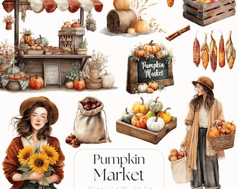 Conjunto de imágenes prediseñadas de mercado de calabazas en acuarela, PNG de otoño (descarga digital)