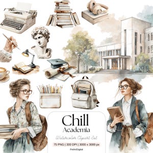 May include: Watercolor clipart set featuring academic elements. Includes a vintage typewriter, stacks of books, headphones, a bust, a graduation cap, a scroll, a backpack, pencils, a building, and two women with books. The text reads "Chill Academia".
