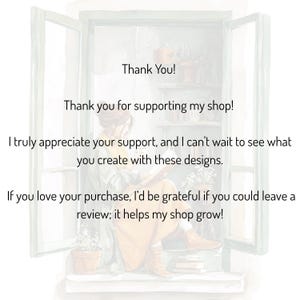 Op de afbeelding: Waterverfillustratie van een persoon die bij een raam leest. De afbeelding bevat de tekst "Thank You!" en "Thank you for supporting my shop!". Verdere tekst drukt dankbaarheid uit en moedigt beoordelingen aan.