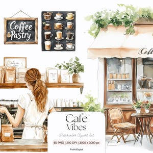 以下が含まれることがあります： カフェのシーンの水彩イラスト。黒板の看板には「Coffee & Pastry」と書かれています。エプロンを着た女性がカウンターの後ろで働いています。画像にはコーヒーメニュー、カフェの正面、テキスト「Cafe Vibes」が含まれています。