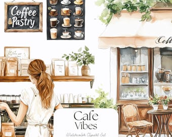 Watercolor Cafe Clipart Set: Cozy Coffee Shop PNG Graphics (Digital Download)